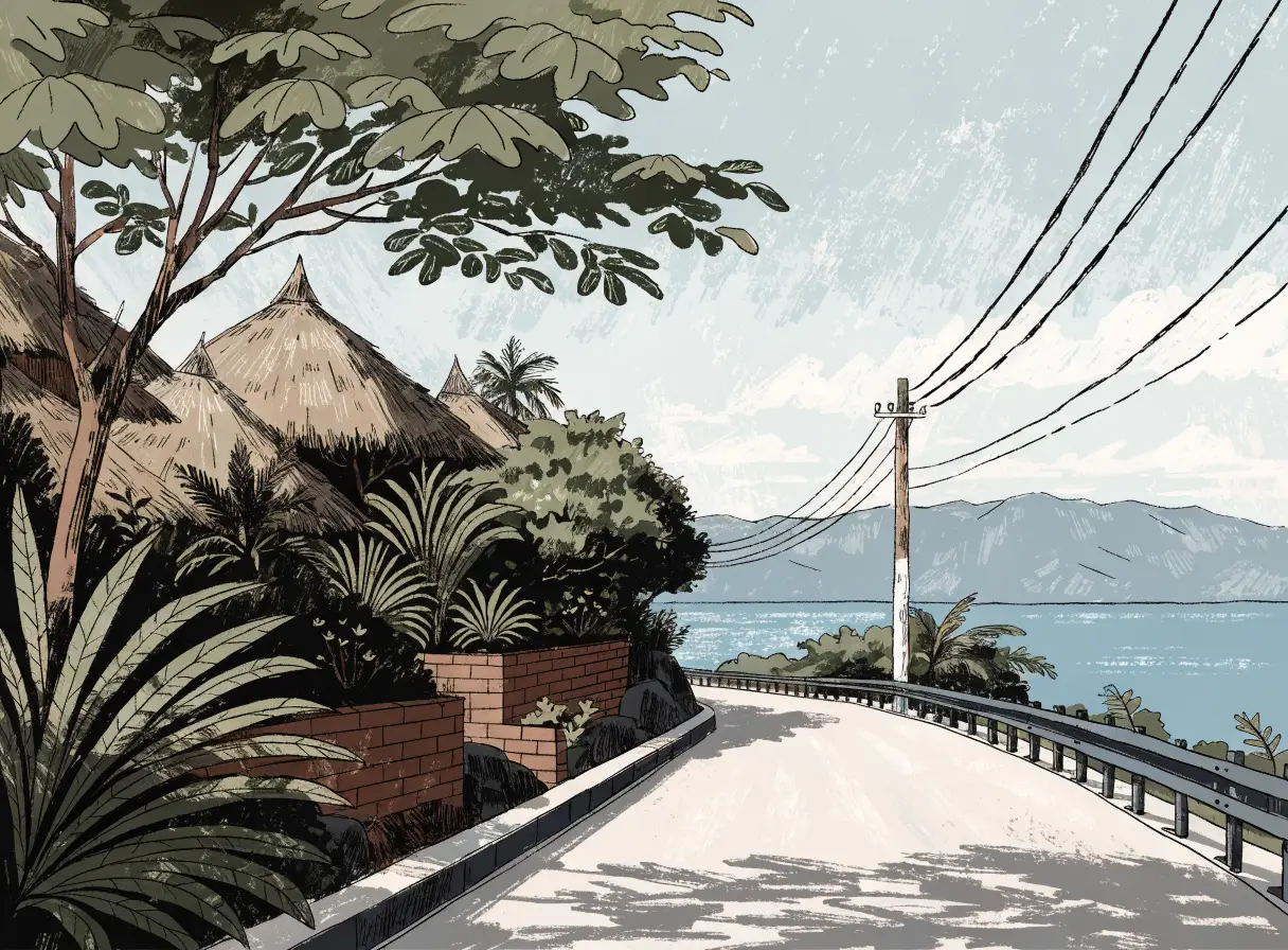 Illustrative tropical road and sea view representing an airport-near Jimbaran base