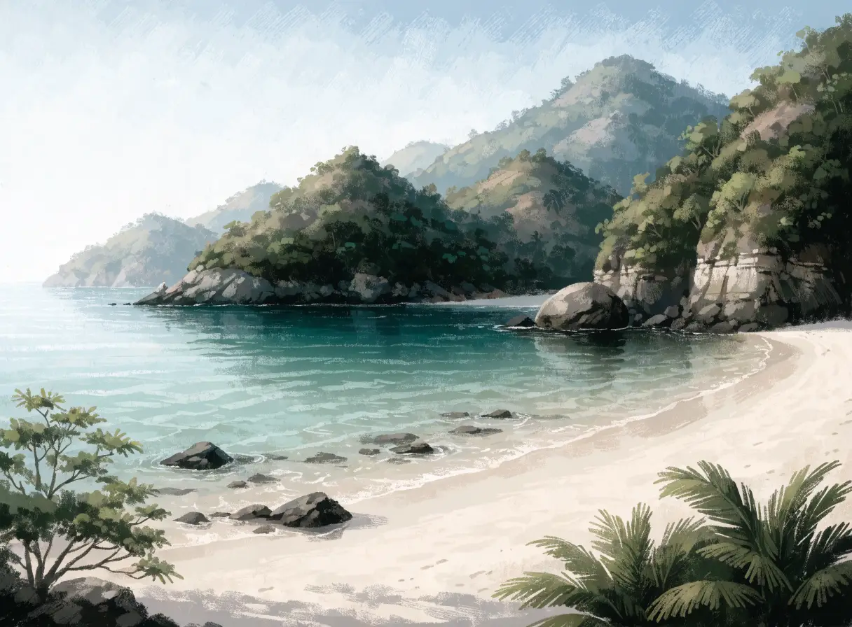 Illustrative calm sheltered bay and quiet beach in Jimbaran