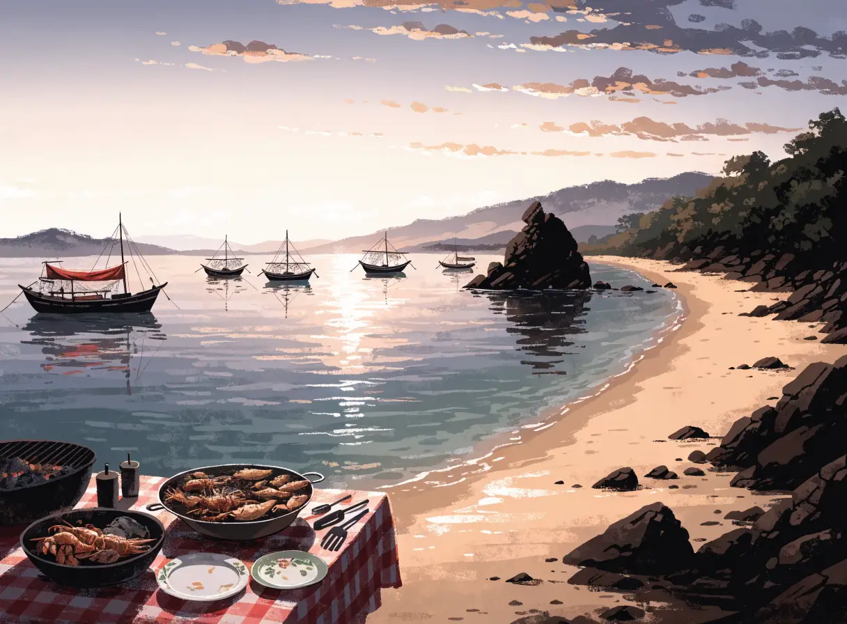 Illustrative Jimbaran bay at sunset with fishing boats and a seafood table
