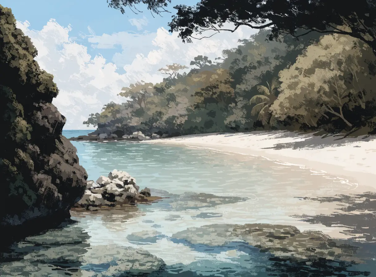 Illustrative calm reef-sheltered shoreline with tropical shade in Nusa Dua