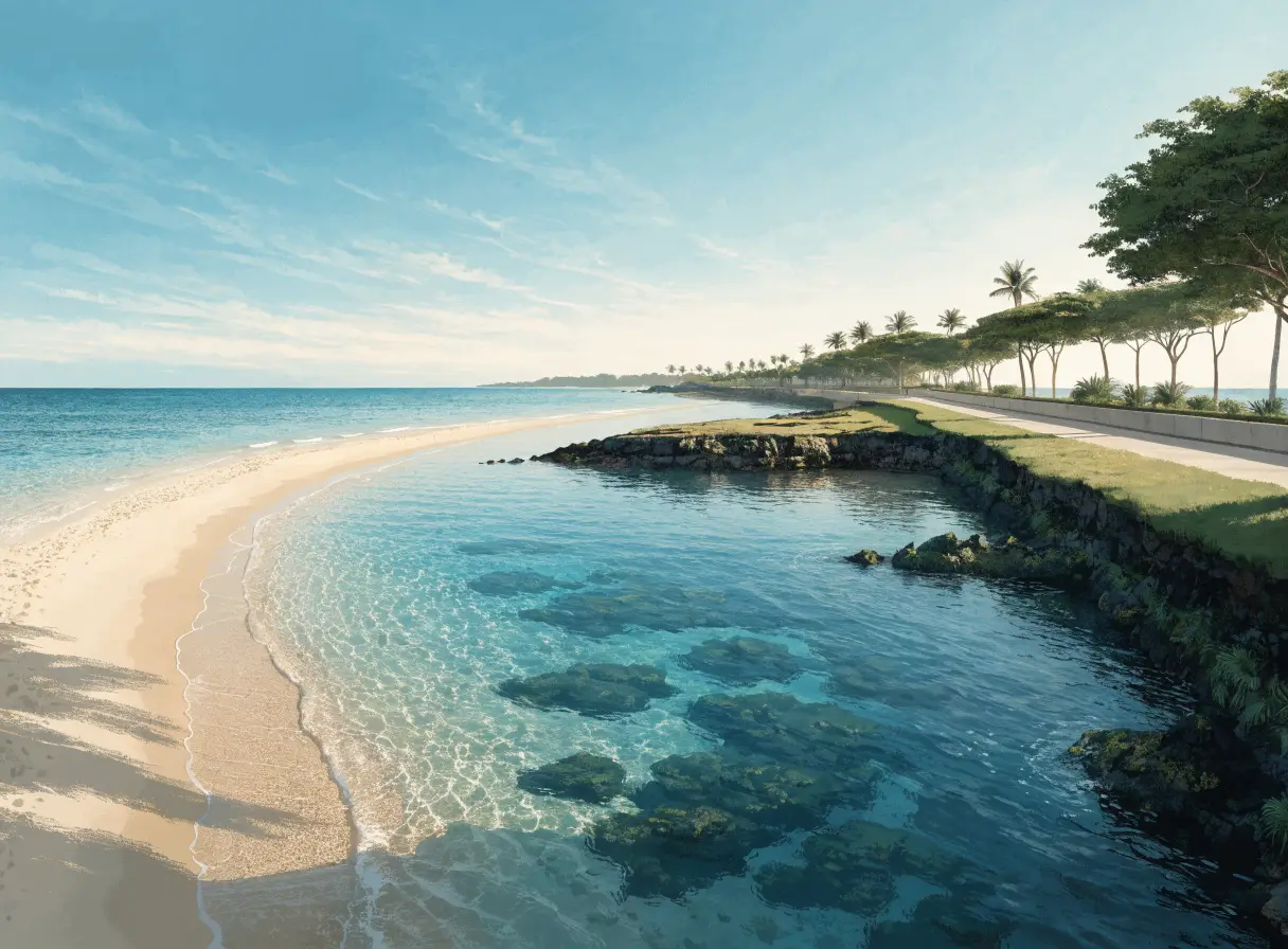 Illustrative Nusa Dua reef-protected beach beside a manicured seafront promenade
