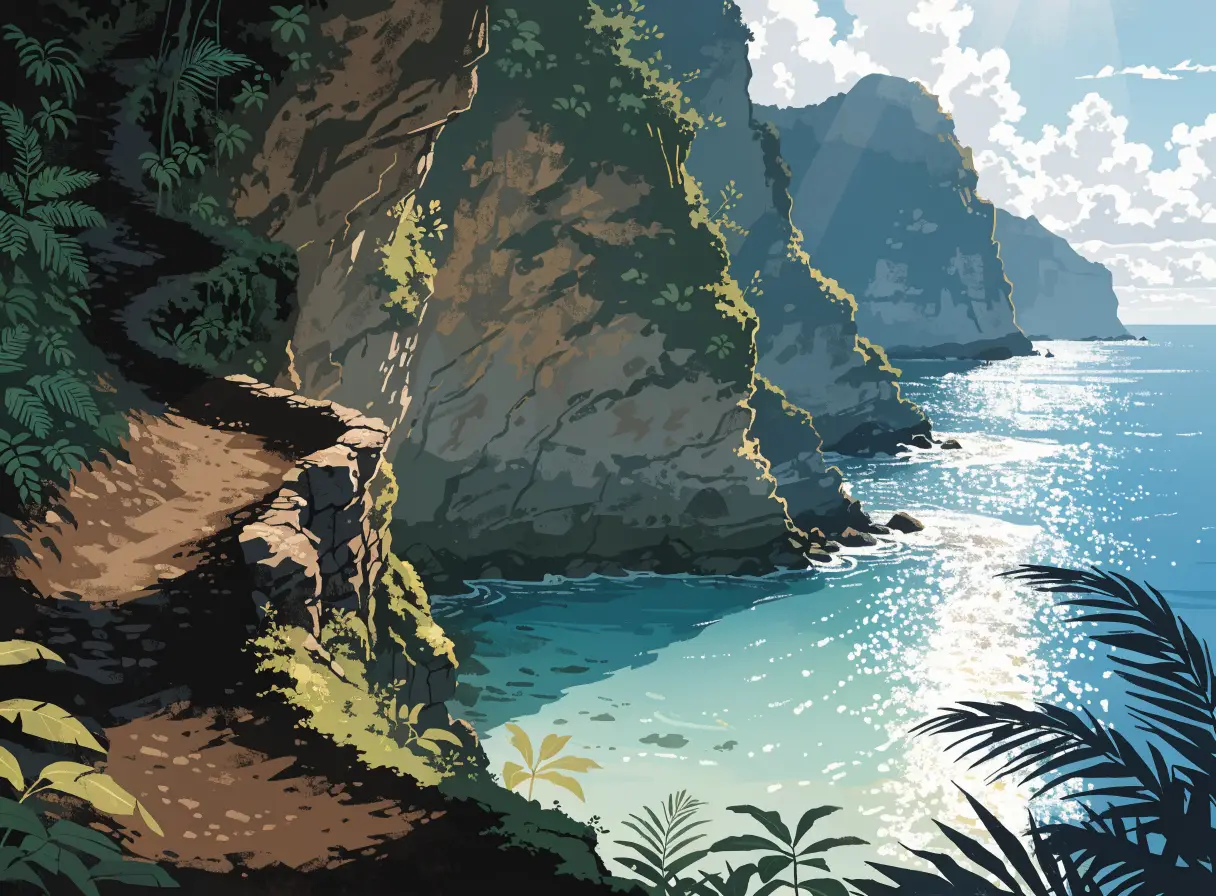 Illustrative dramatic Nusa Penida east-loop cove and steep path