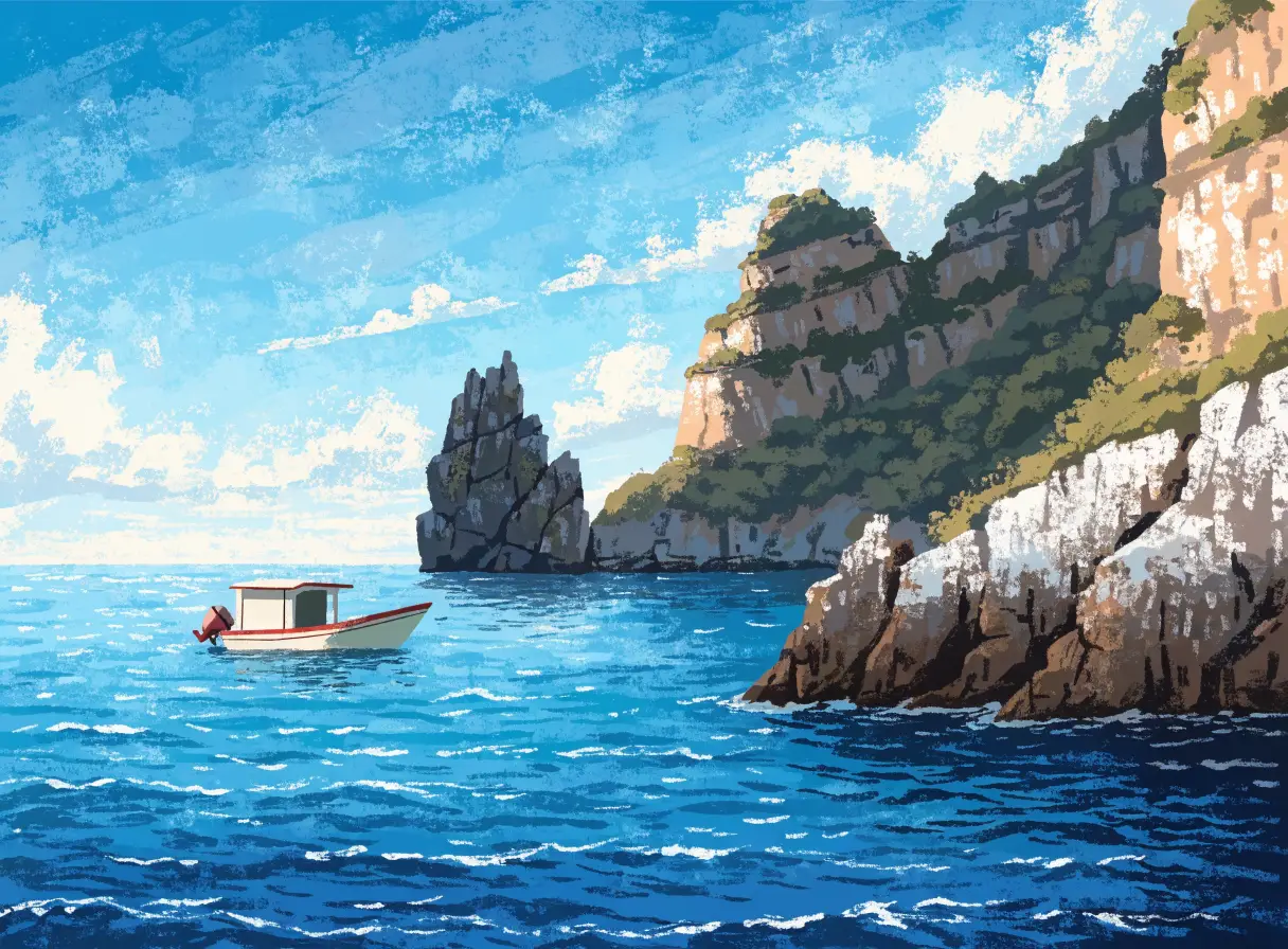 Illustrative Nusa Penida open sea and small boat beside rugged coast