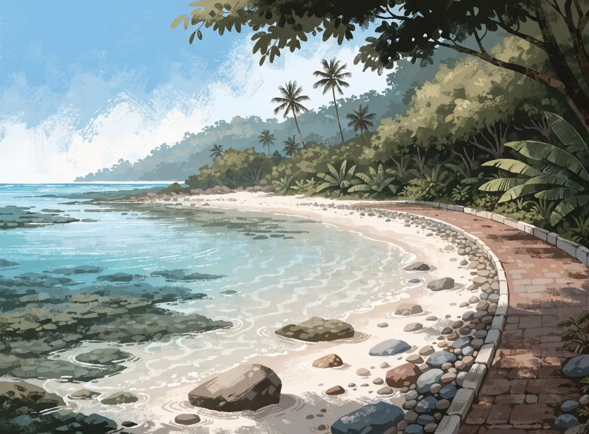 Illustrative calm reef-sheltered shoreline and shaded coastal path in Sanur