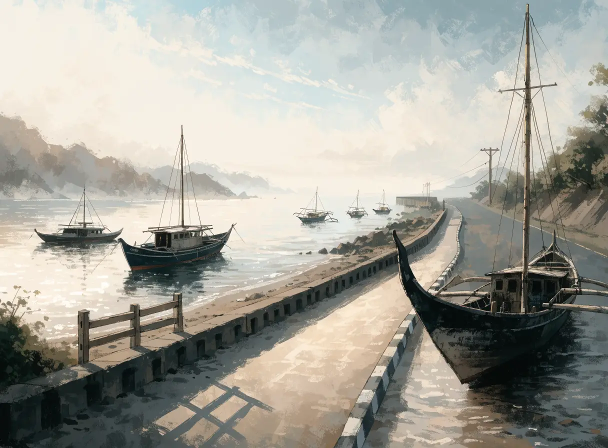 Illustrative harbor-side road and traditional boats in Sanur at morning