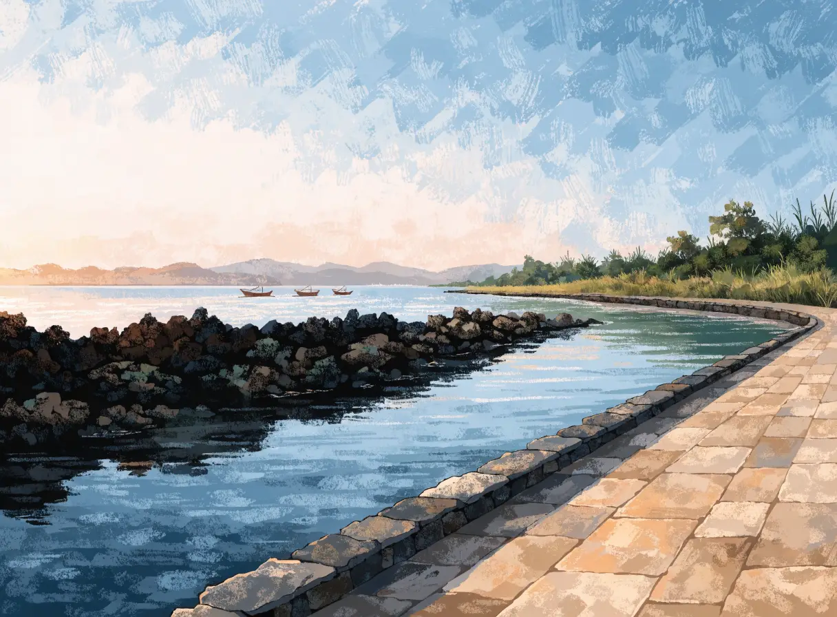 Illustrative Sanur sunrise promenade beside calm east-coast water