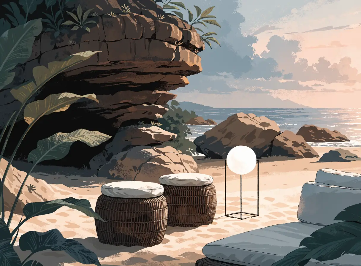 Illustrative Seminyak west-coast beach at sunset with an elegant lounge mood