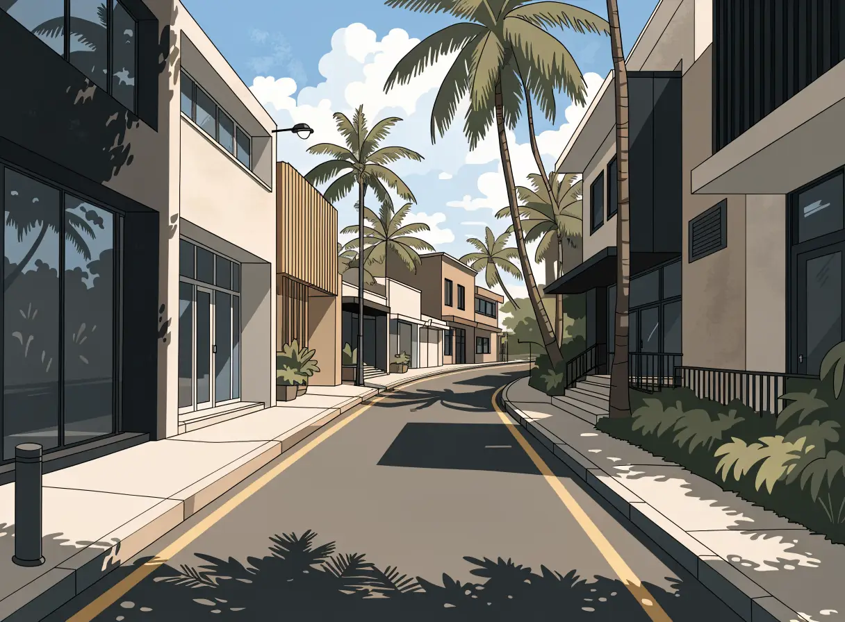 Illustrative walkable polished Seminyak neighbourhood with palms and boutique storefronts