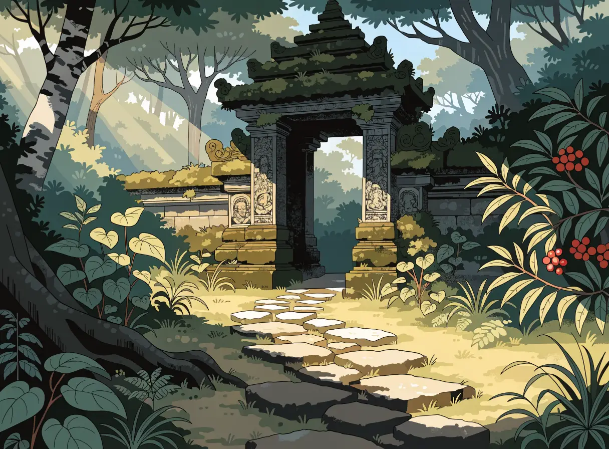 Illustrative stone gateway and tropical garden representing Ubud culture and arts mood