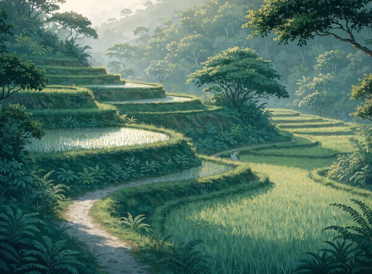 Illustrative Ubud rice terraces and a narrow path away from the centre