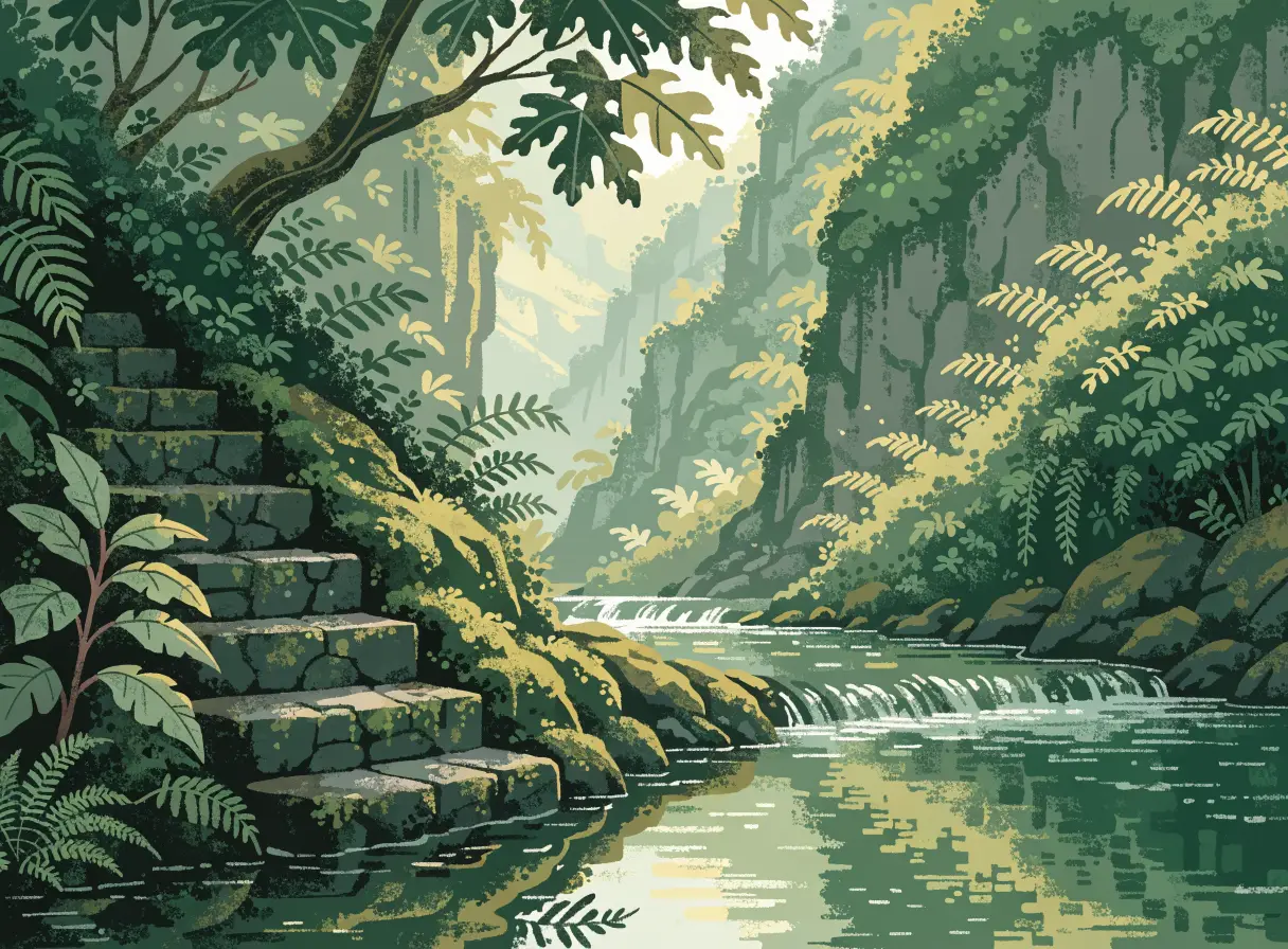Illustrative shaded Ubud river valley representing a slow wellness day