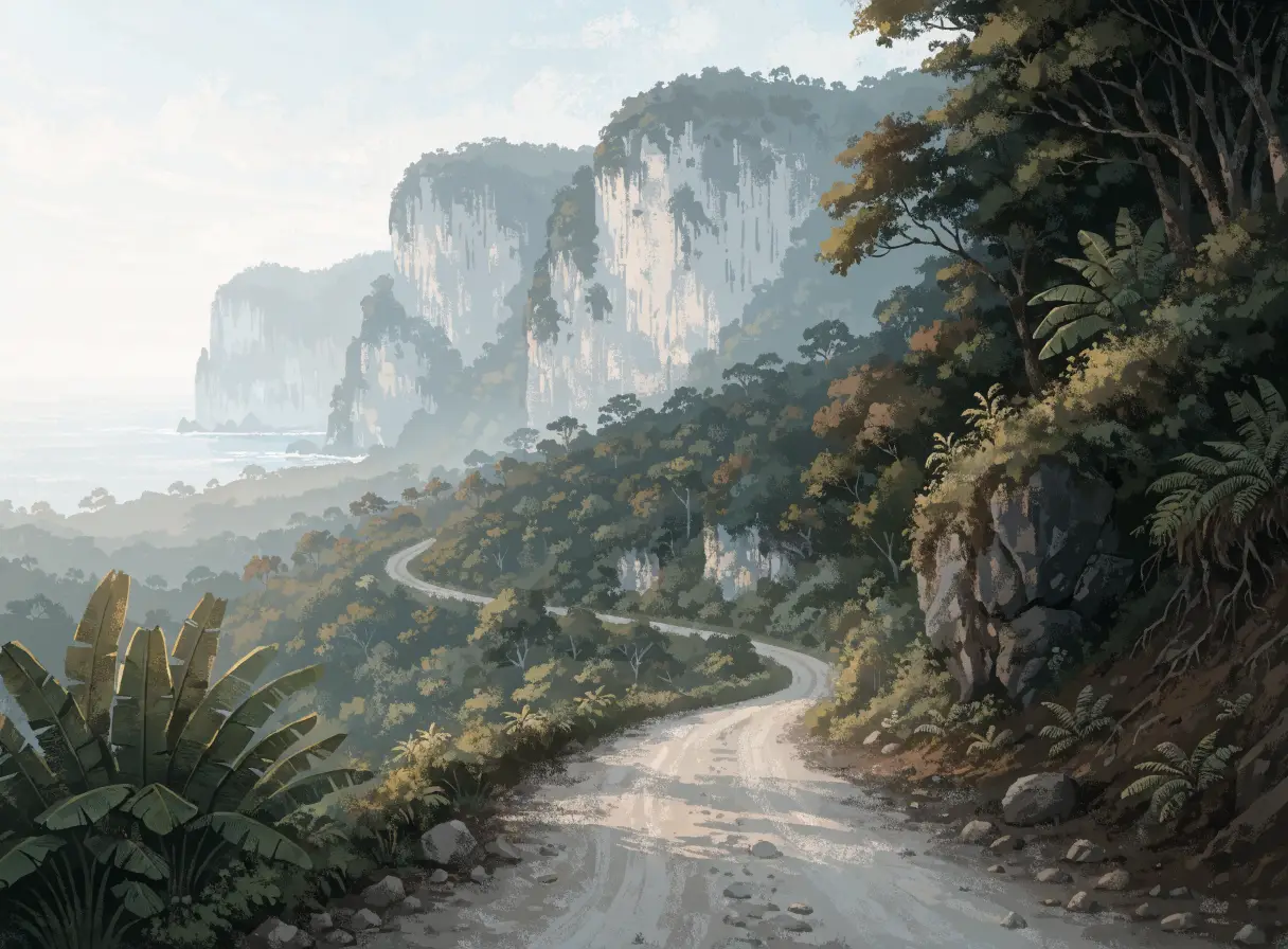 Illustrative morning road through the Bukit Peninsula toward the coast