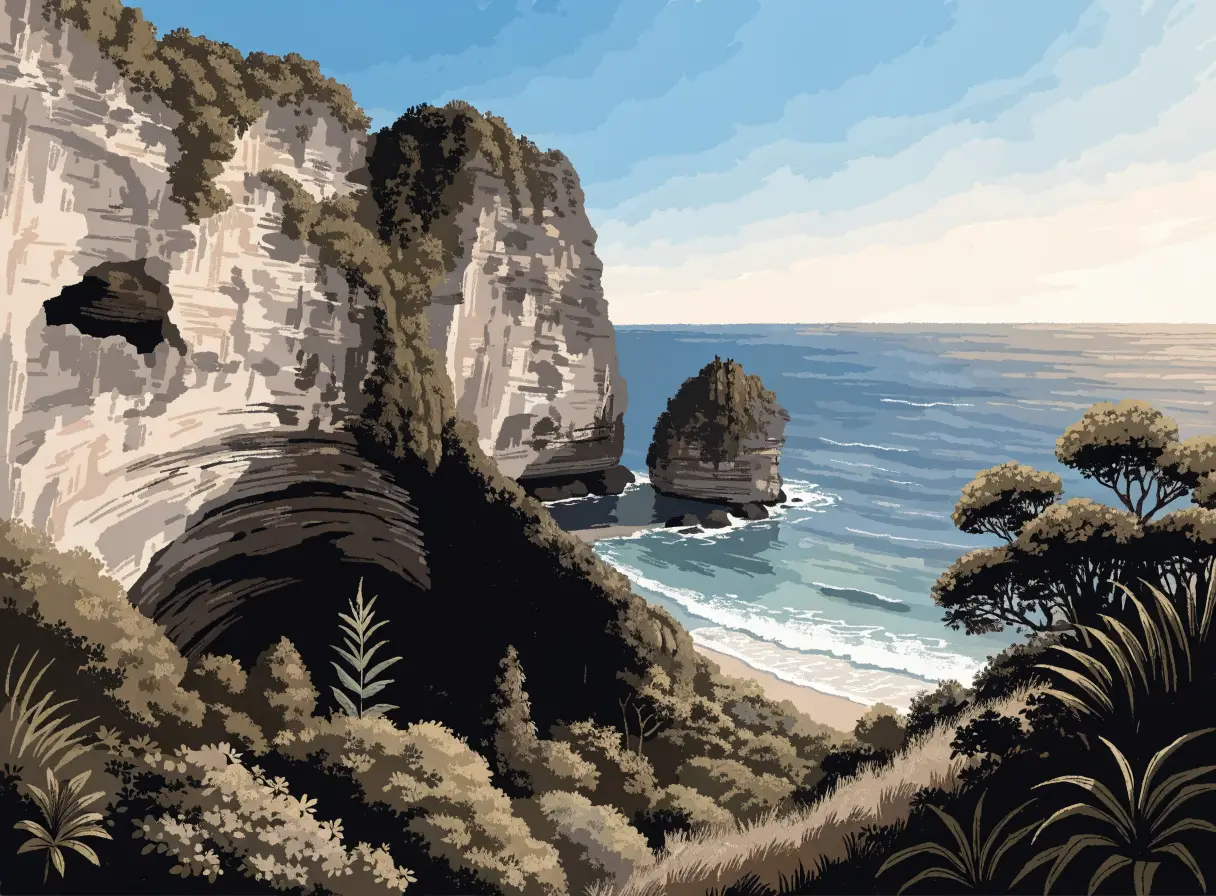Illustrative view of a limestone cliff coast and ocean in Uluwatu