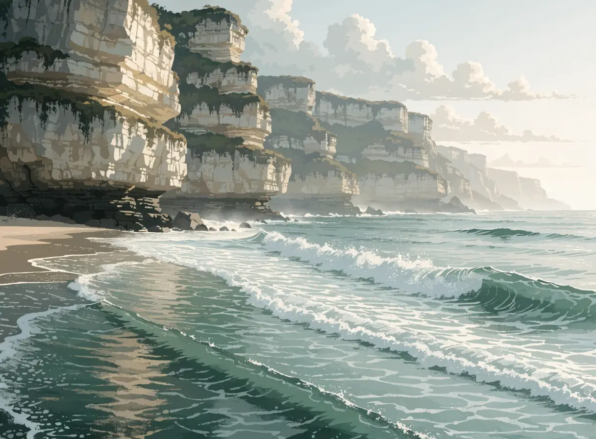 Illustrative surf coast below pale limestone cliffs in southern Bali